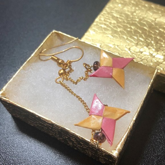 Origami Shuriken-Star Chain drop Earrings - HM - Picture 3 of 3